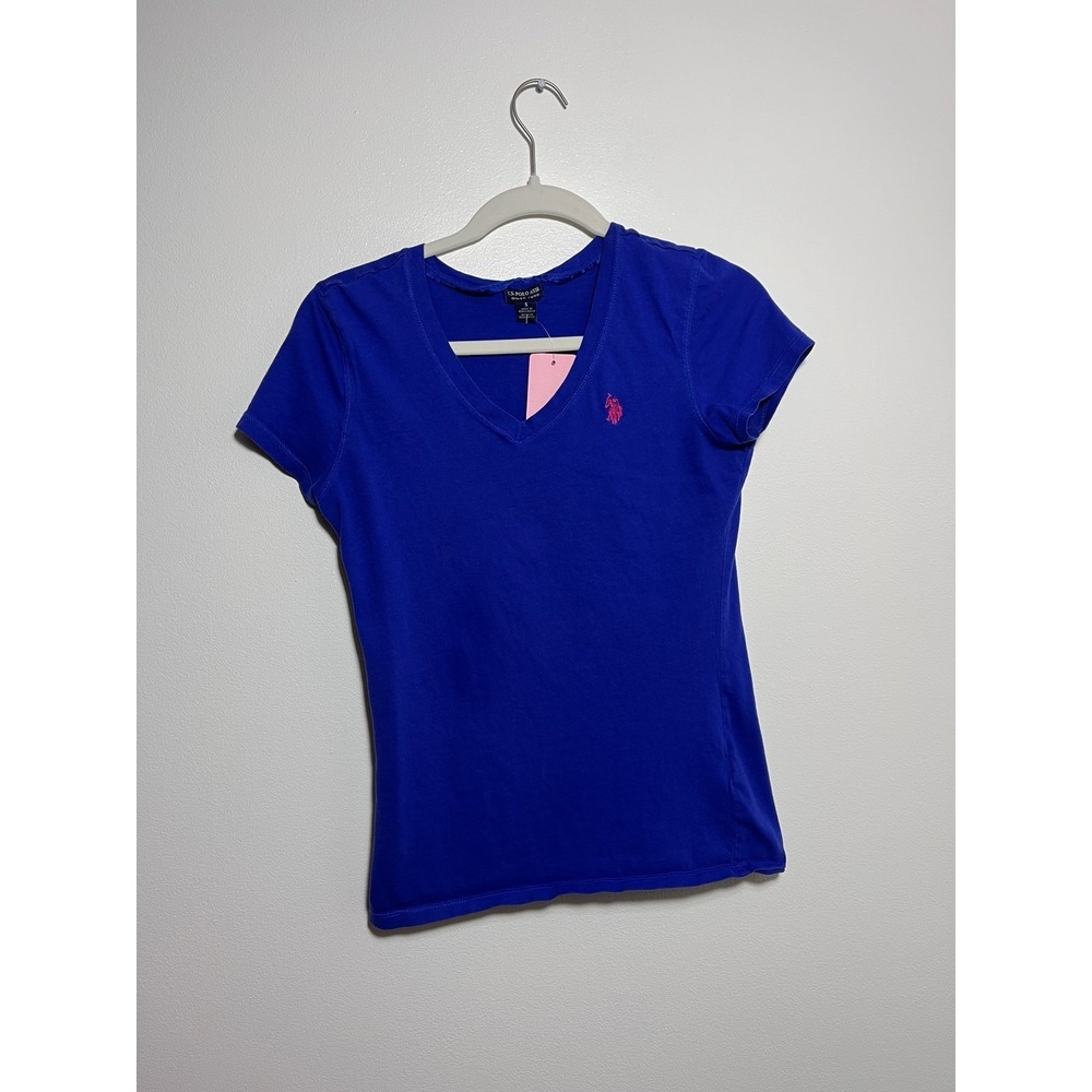 US Polo Assn Womens V-Neck T-Shirt Cobalt Blue Pink Embroidered Logo